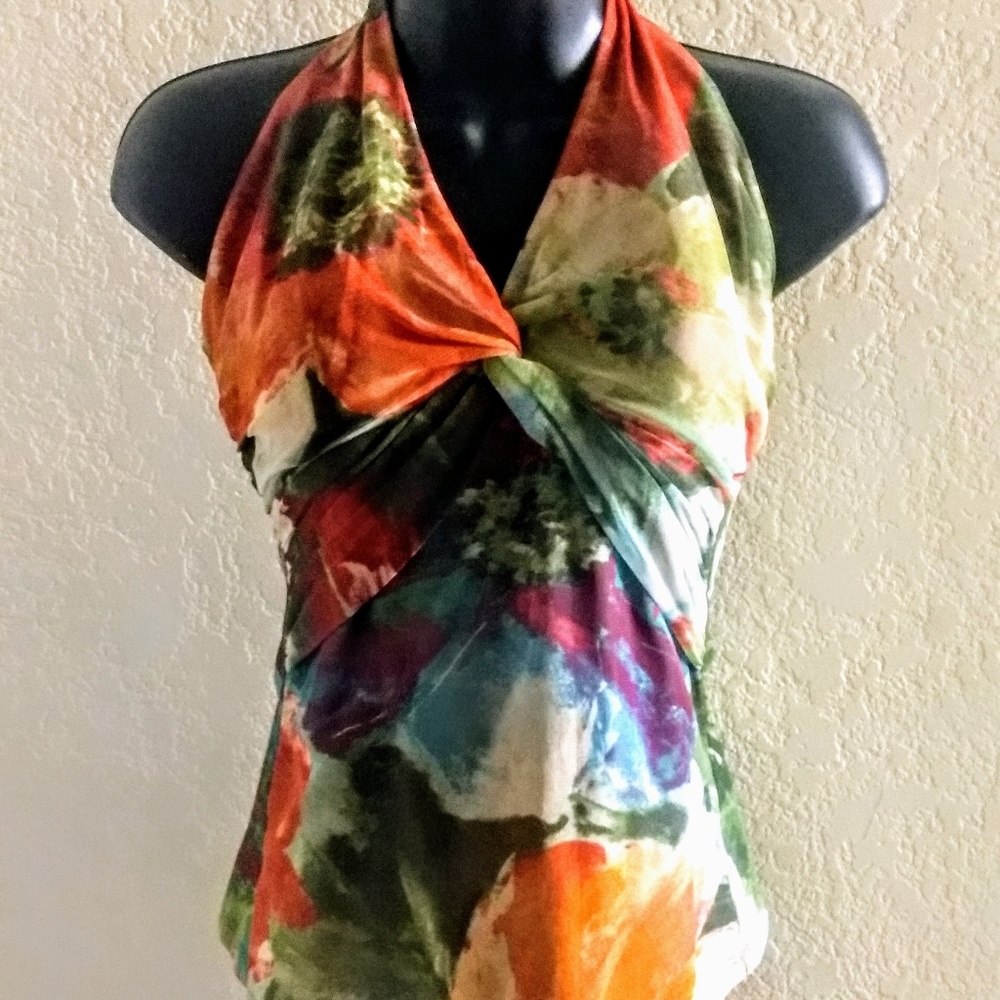 Cache Multicolor Floral Halter Top - Orange, Green, Blue